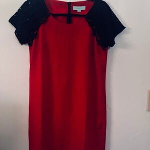 Anthropologie Red Dress with Black Lace Sleeves